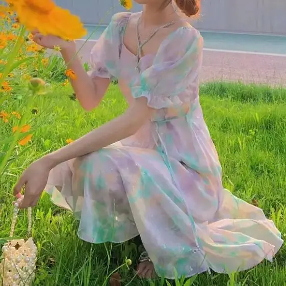 

Elegant Party Summer Dress Female 2021 New Fashion Oil Painting White Chiffon Dress High Waist French Dress For Female Clothing