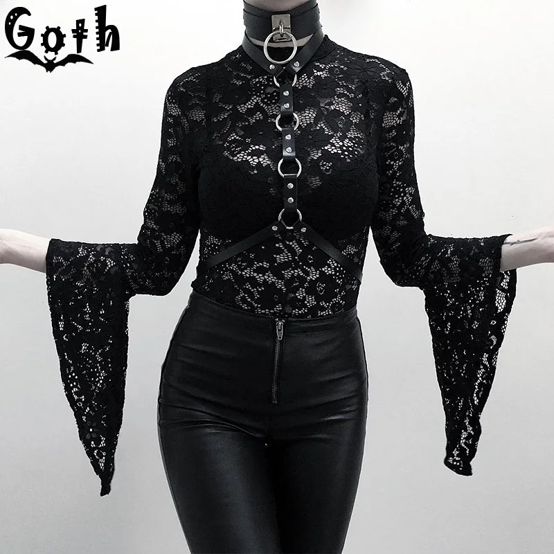 Женский готический костюм Goth черный кружевной боди с плиссированной юбкой