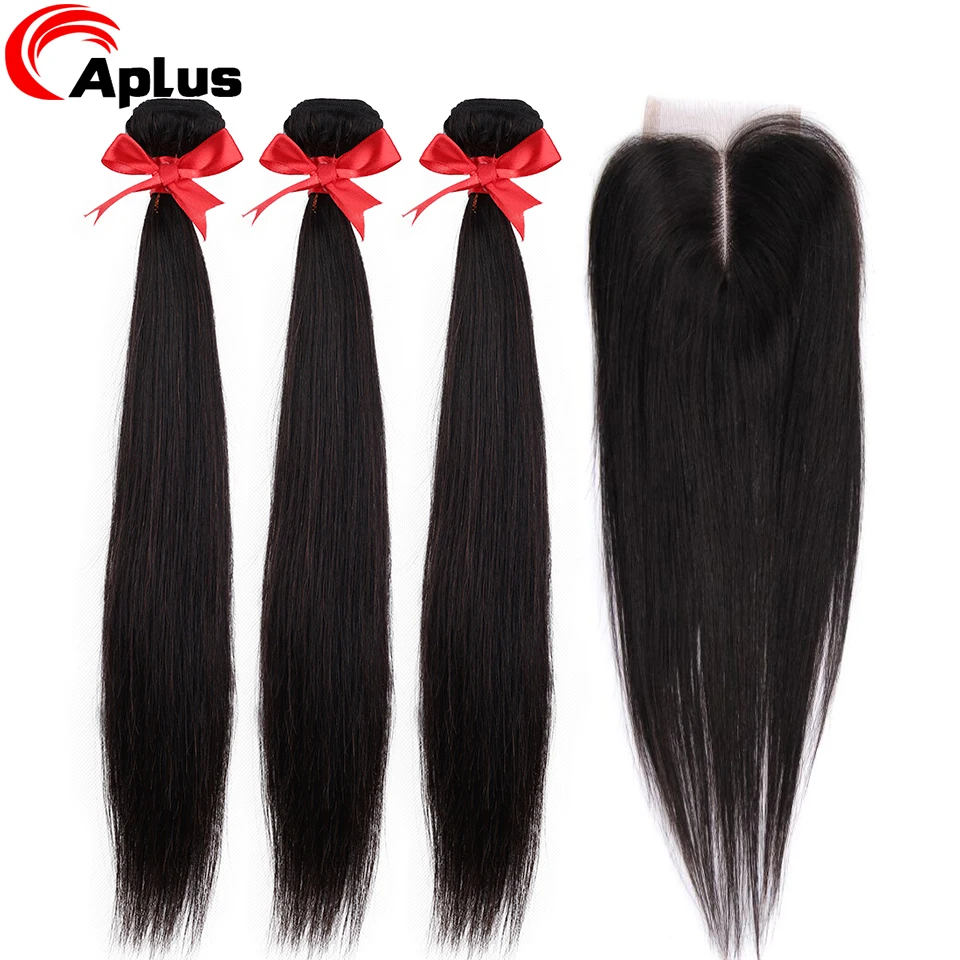 Aplus волосы прямые человеческие 3 пучка с закрытием индийские пучки волос 4x4