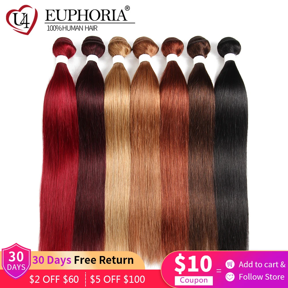 Euphoria-mechones de cabello humano liso, extensiones de 4, 27, 30, 99J, Color marrón medio, Borgoña, brasileño, 9A, Remy, 3 uds.