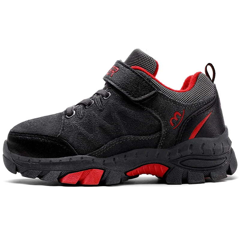 Gray red Новые детские теплые кроссовки для мальчиков, походная обувь, детские уличные ботинки, водонепроницаемые кожаные спортивные походные ботинки - Цвет: Gray red