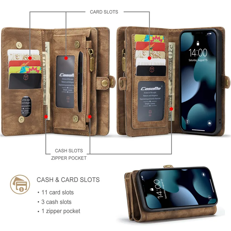 Магнитный кожаный чехол CaseMe для iPhone 13 12 11 Pro Max X XS XR SE 2020 8 7 6 6S Plus кошелек на молнии