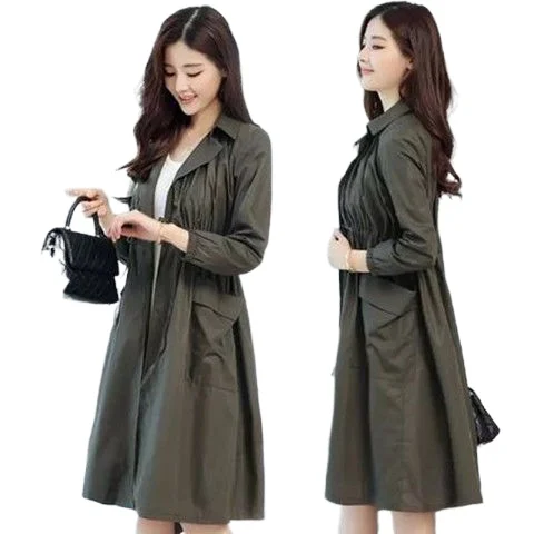 

Windbreaker jacket women's mid-length spring and autumn 2021 new fashion loose drawstring waist thin section