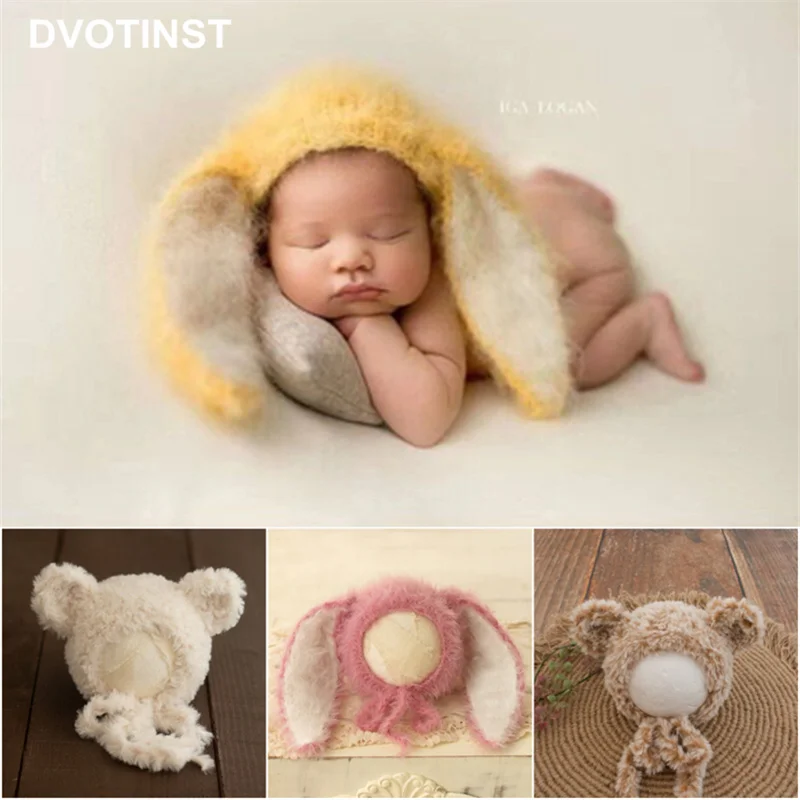 Dvotinst Newborn Baby Photography Props Knitted Crochet Soft Cute Ears Hairy Hat Bonnet Fotografia Studio Shoots Photo Props