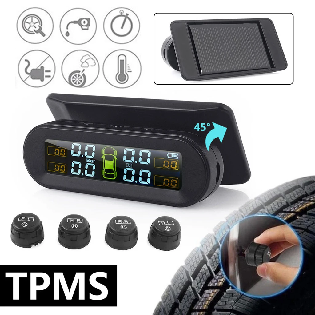 

Tire Pressure Monitor LCD Display Solar USB Charge TPMS 0-8Bar Sound Warning