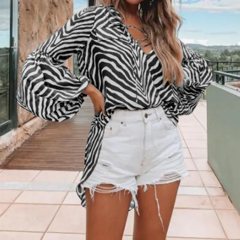 

2021 Summer autumn Women Blouses Casual Loose Long Lantern Sleeve Sexy V-Neck Tops Zebra Print Shirts