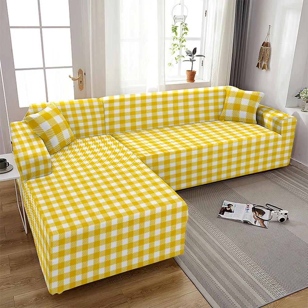 Funda nórdica sencilla para sofá, cubierta elástica para sala de estar, a cuadros, color rojo y amarillo