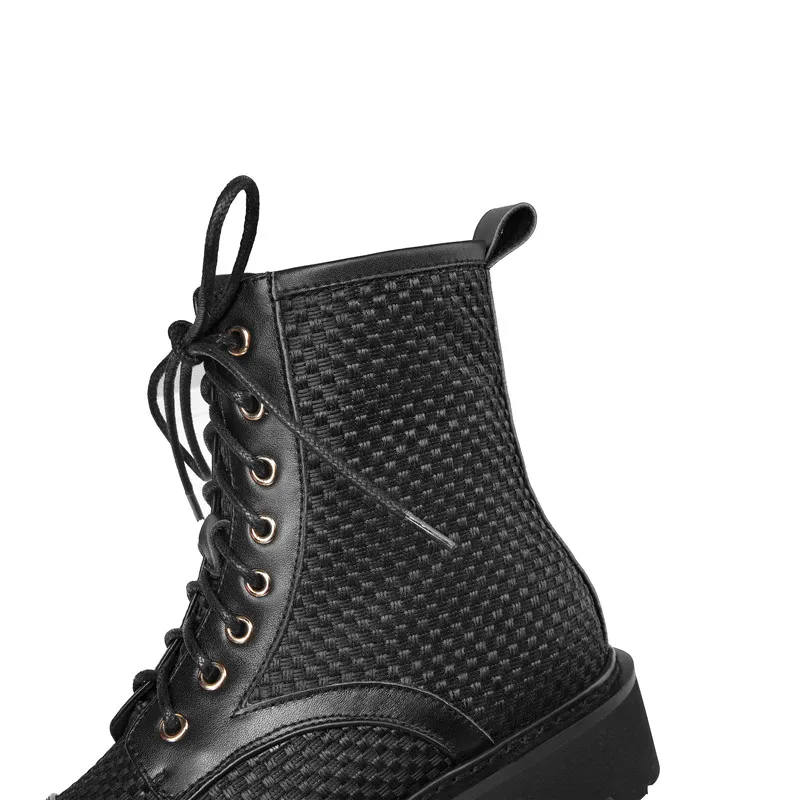 spesifikasi MoonMeek 2021 Baru Wanita Sepatu Bot Heels Tebal Square Toe Renda Fashion Ankle Boots Musim Dingin Musim Gugur Hitam
