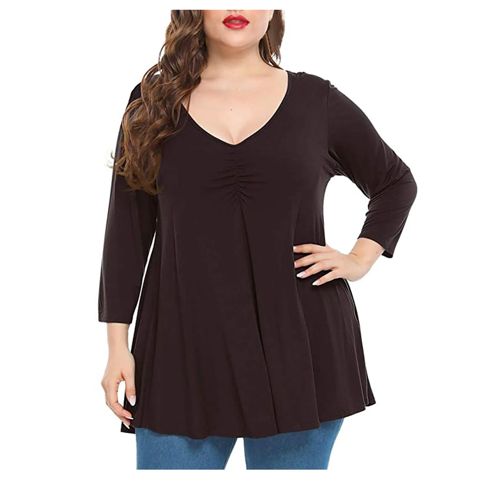 

Женская рубашка большого размера 2021, Женский однотонный пуловер с рукавом 3/4, Повседневная футболка с V-образным вырезом, свободная блузка б...