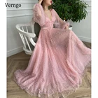 Элегантное детское розовое Тюлевое платье Verngo 2021, полная яркость, сексуальные платья с длинными рукавами-фонариками и V-образным вырезом для выпускного вечера с карманами