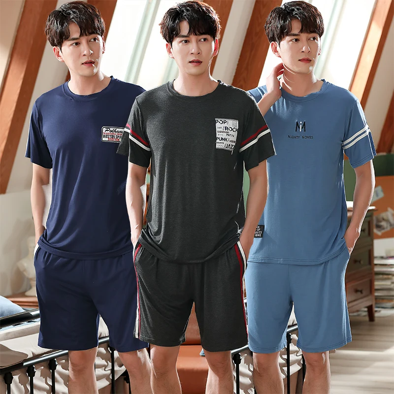 

2021 Summer Plus Size Short Sleeve Modal Pajama Sets for Men Korean Sleepwear Suit Pyjamas Male Homewear Loungewear Home Clothes