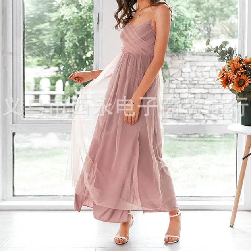 

Elegant Casual Women Pink Long Dress Summer 2020 V-neck Spaghetti Straps Lsim Dress Backless