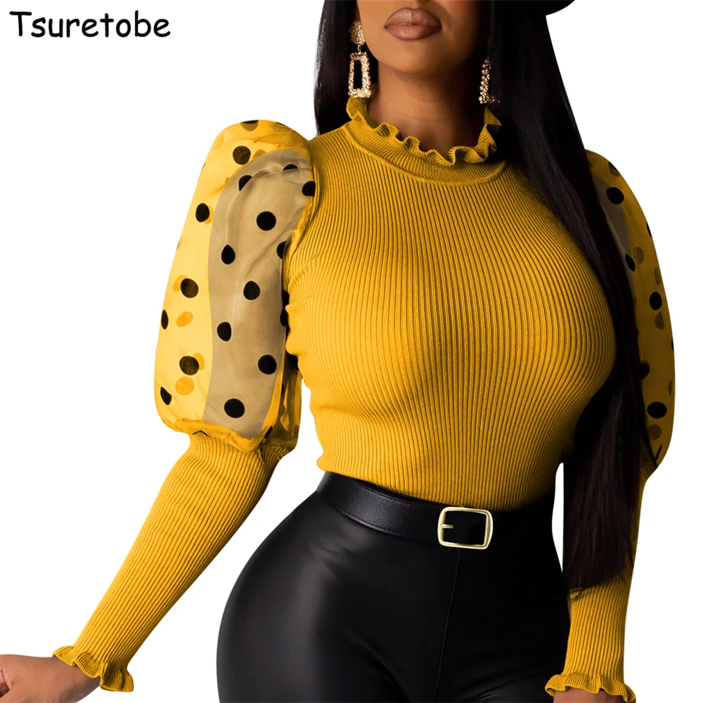 

Tsuretobe осенний сетчатый лоскутный Топ для женщин с пышными рукавами ребристые топы для девушек облегающий пуловер с длинным рукавом тонкие С...