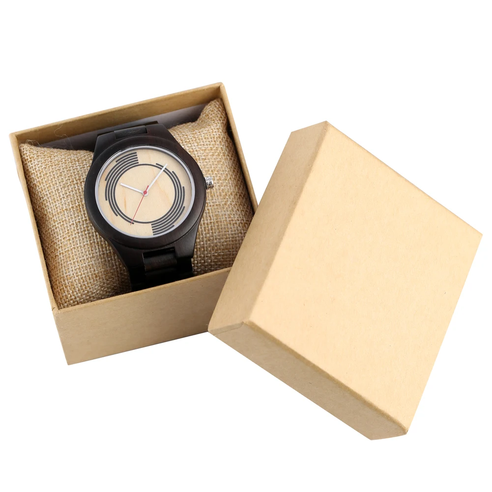 

Arts Spiral Geometry Design Full Wooden Watch Elegant Ebony Wooden Wristwatch Quartz Timepiece Natural Wood Watch Band Men Clock