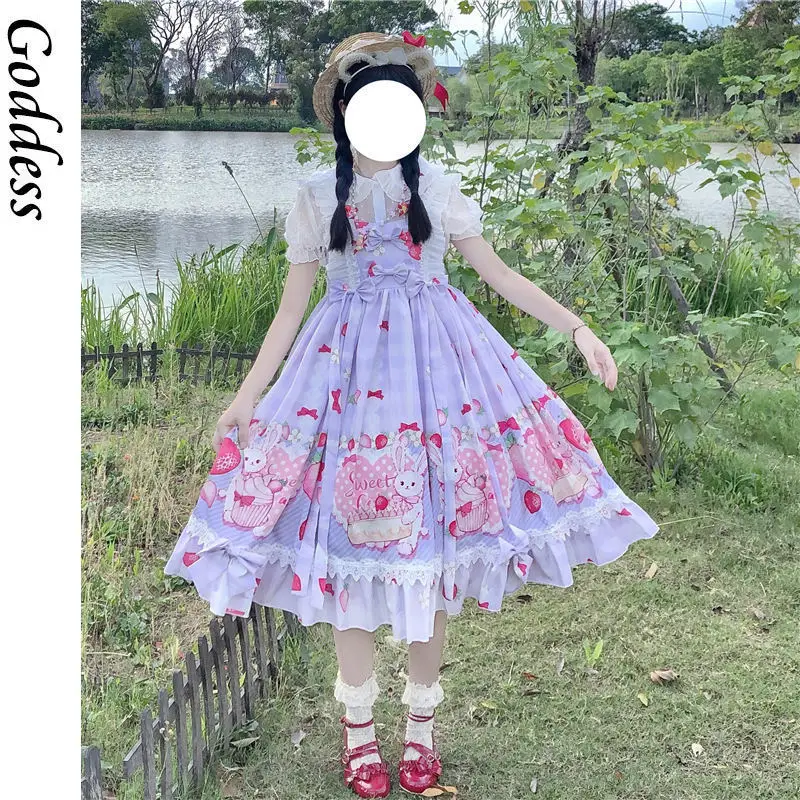 

Japanese JSK Summer Kawaii Lolita Sweet Girly Dress Cute Rabbit Sleeveless Dress Elastic Ruffles Princess Party Cosplay Dress