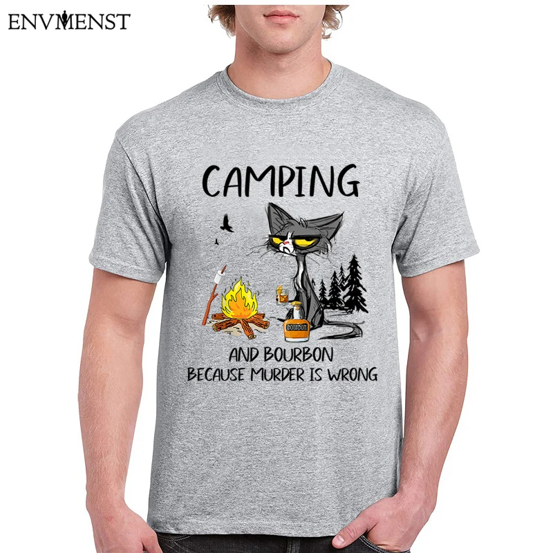 

Funny Retro Men's Tee Black Cat Camping Because Murder Is Wrong Vintage Men's Black T-Shirt Graphic Oversized Female T Shirt