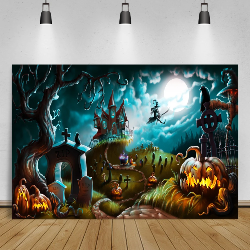 Laeacco Halloween Backdrops Photography Castle Tomb Pumpkin Witch Party Cartoon Child Photo Background Photocall Photo Studio