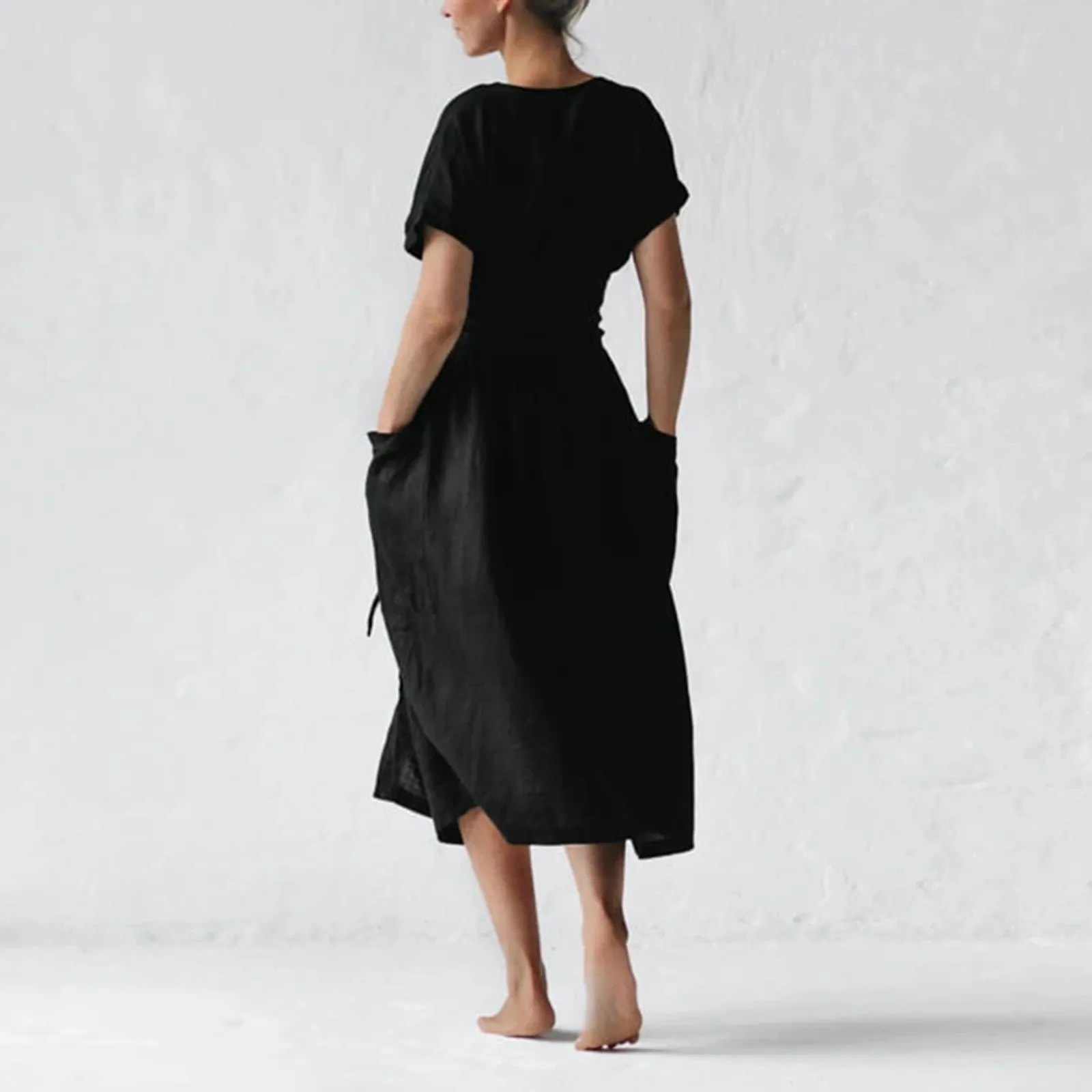 

Wear For Woman Comfortable Women Casual Solid V-neck Short Sleeve Dress Pocket Split Hem Strap Dress Free Shipping