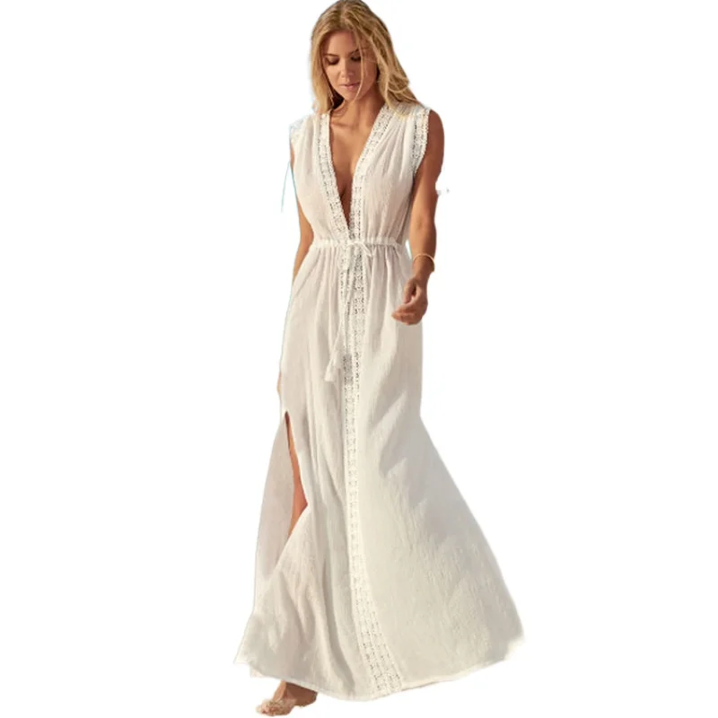 

2021 Summer Sexy Deep V-neck Bikini Cover Up Female Lace Stitching White Vacation Beach Long Dress Sunscreen Swimsuit Cover Ups
