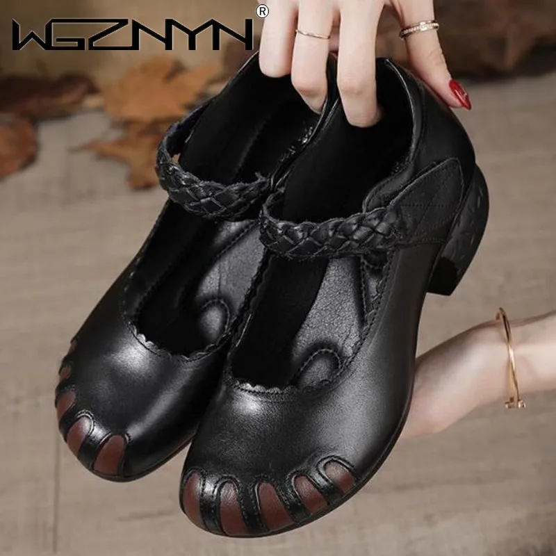 

NEW Vintage Women Pumps Comfortable Genuine Leather Mixed Colors High Heel Shoes Women Round Toe Casual Mid Heel Shoes Female