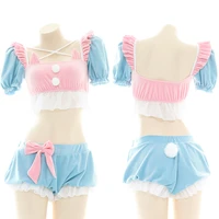 japanese kawaii plush lolita pink blue pajamas sexy sweet winter lolita cat maid bowknot ruffles party underwear lingerie set