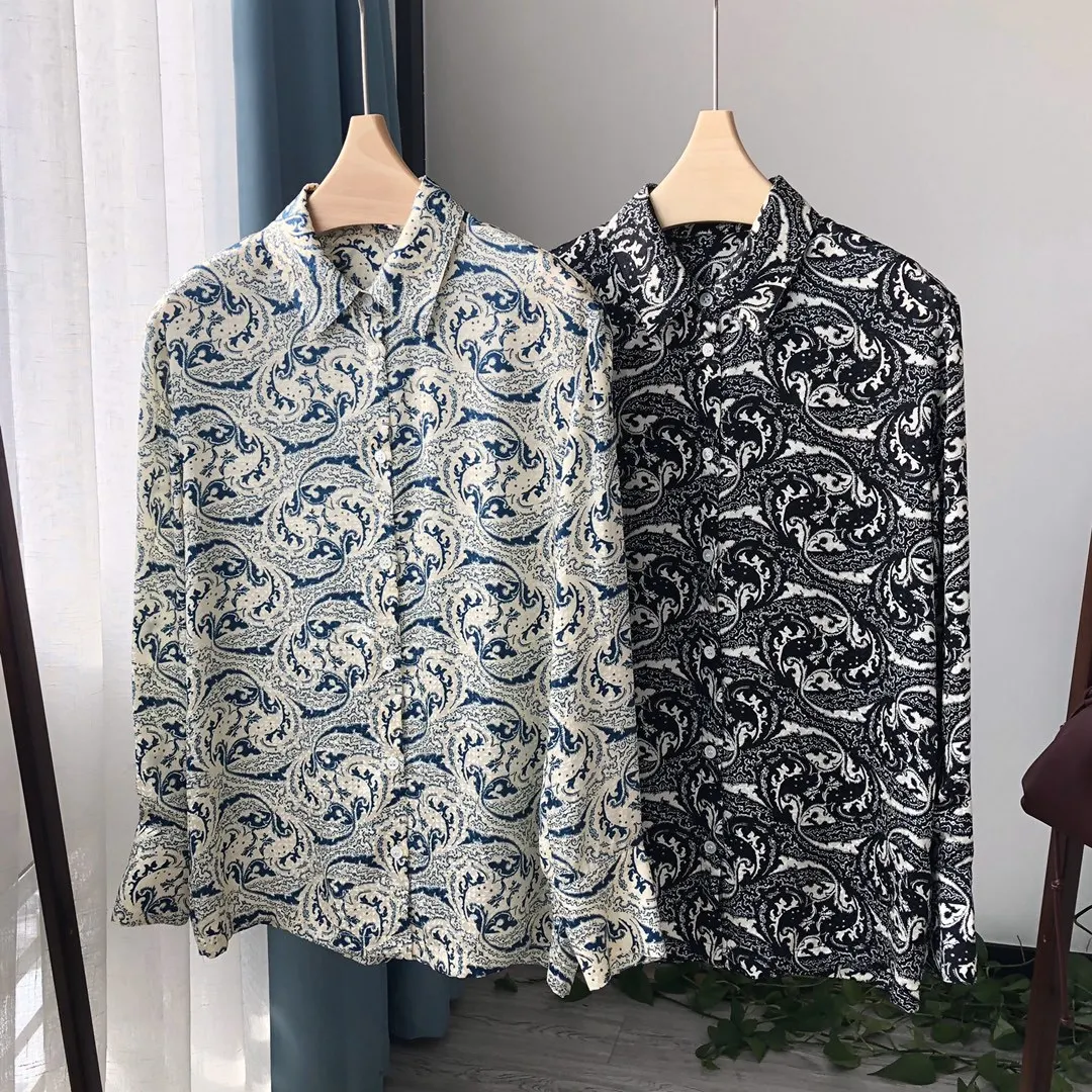 

2021 Spring Women Blouse Long Sleeve Turn Down Collar Light luxury Laides Tops Luster Vintage Printing Jacquard Loose Shirt