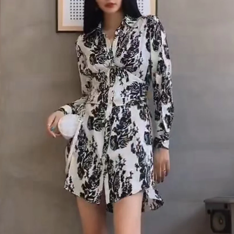 

SISPELL Hit Color Dresses For Women Lapel Collar Long Sleeve High Waist Slimming Ruched Femael's Elegant Dress Fashion Tide