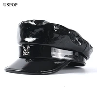 uspop new design women caps bright soft pu newsboy caps black white flat top visor caps fashion military cap