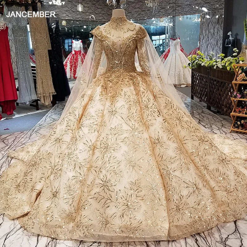 LS65454 роскошное Королевское свадебное платье в Дубае с высоким воротом и длинными