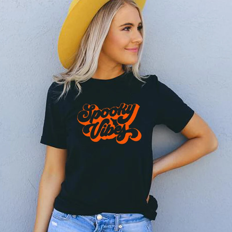 

Spooky Vibes Halloween T Shirts Women Cotton Short Sleeve Graphic Tee Wicca Cool Goth Tumblr Vintage Tshirt Female Dropshipping