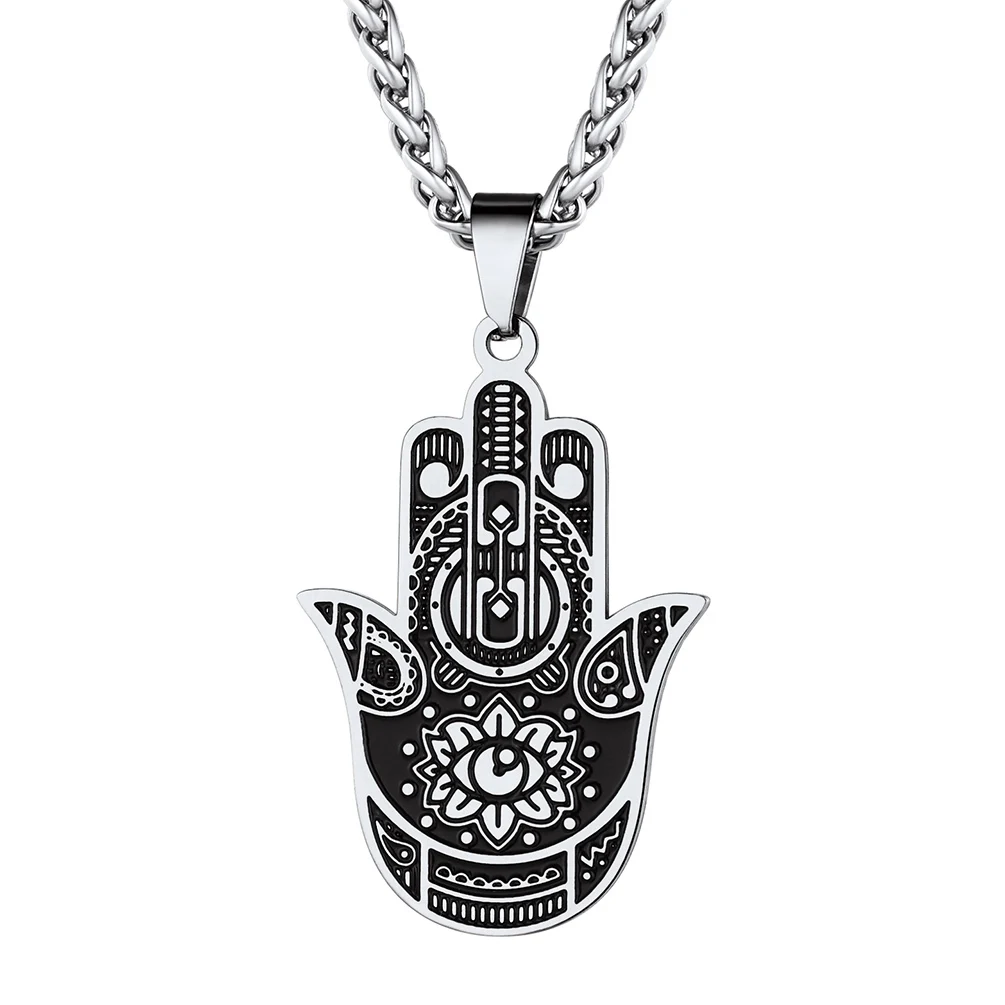 

Gift Vintage Hamsa Hand of Fatima Evil Eye Necklace, Stainless Steel,Good Luck Success Amulet Jewelry Men Women CP476