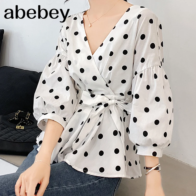 

White Office Lady Elegant Lantern Sleeve Surplice Peplum Off the Shoulder Solid Blouse Autumn Sexy Women Tops And Blouses