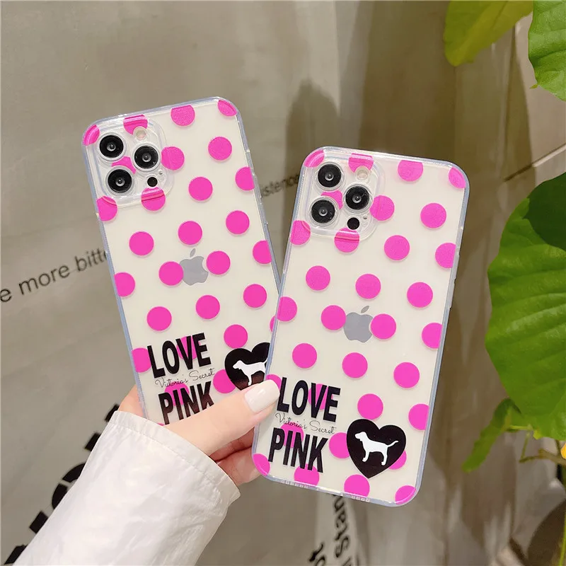 

Clear Cute Pink Wave Point Phone Case For iPhone 13 12 11 Pro Max 7 8 Plus X XR XS Max Love Heart Fundas Shell