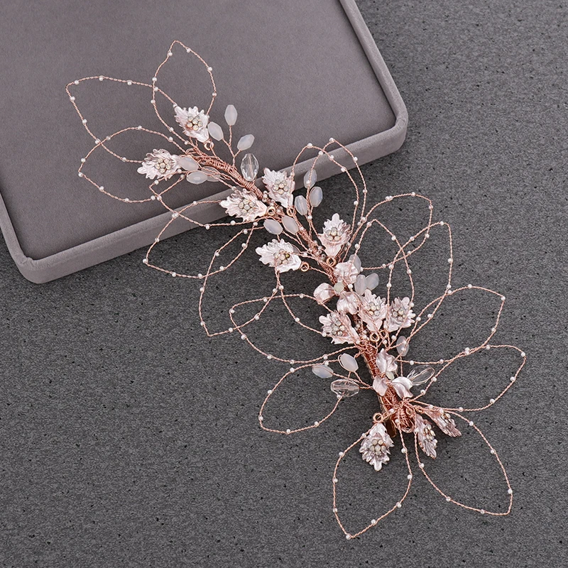 

NPASON Rose Gold Tiara Headband Clips Bridal Hair Accessories Leaf Bridal Tiara Wedding Headband Metal Wedding Hair Jewelry