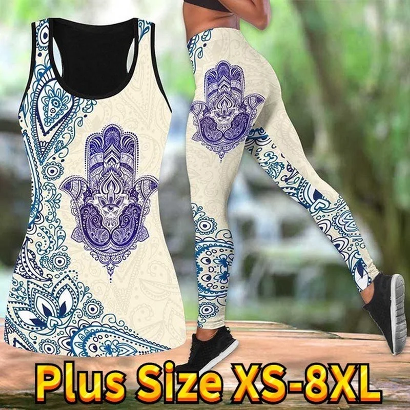 

2021 Digital Print Hollow Out Vest Leggings Womens Sports Yoga Suit Two-piece Suit for Women Donsignet
