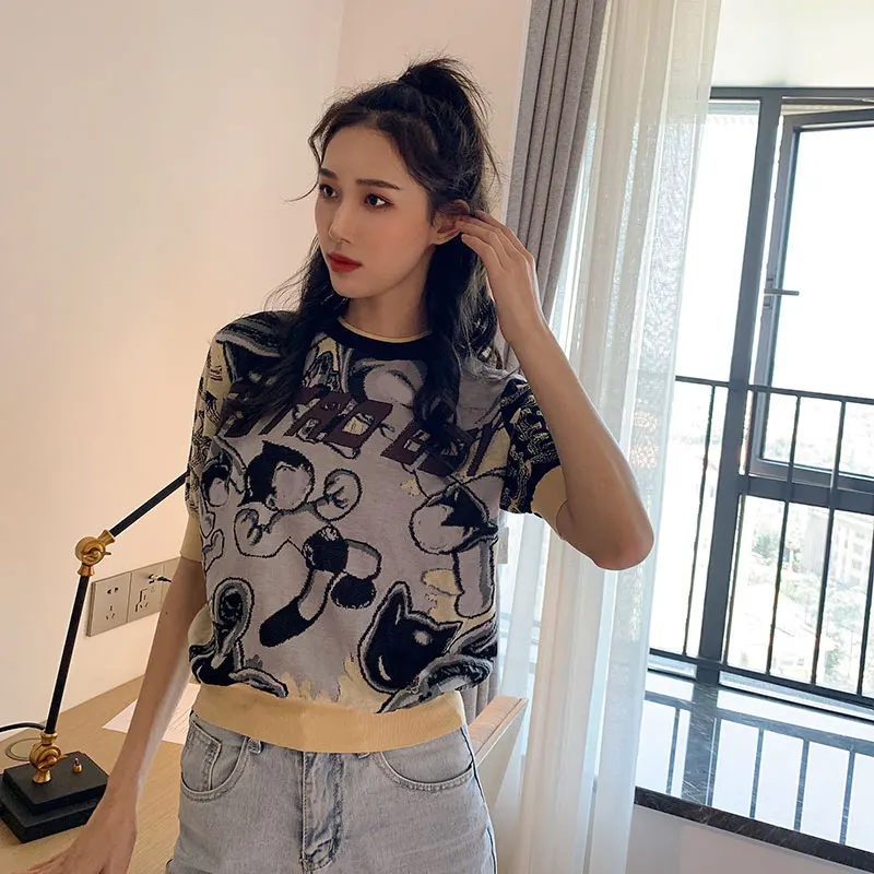 

Ice silk knitwear new black short sleeve net red T-shirt for women