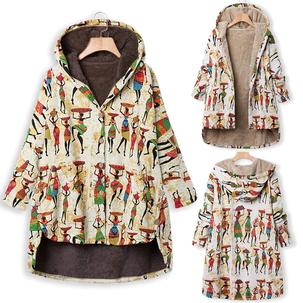 

Winter Vintage Print Warm Coat Jackets for Women Plus Size Button Hooded Outwear Womens Thicken Pocket Oversize Outwear Coats