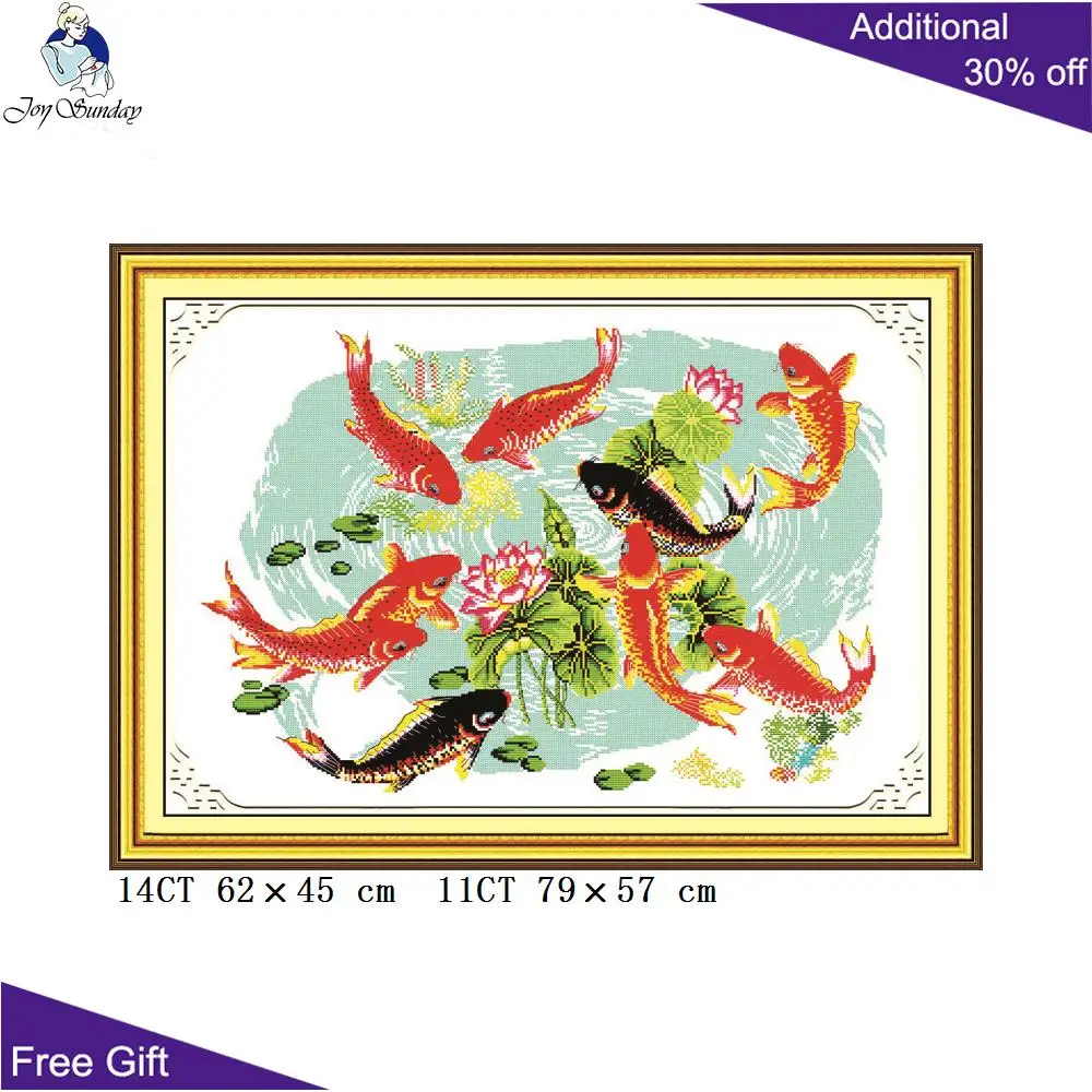 

Joy Sunday Nine Fishes Bring Wealth Home Decoration D017 14CT 11CT Stamped and Counted Nine Fishes Play with Lotus Cross Stitch