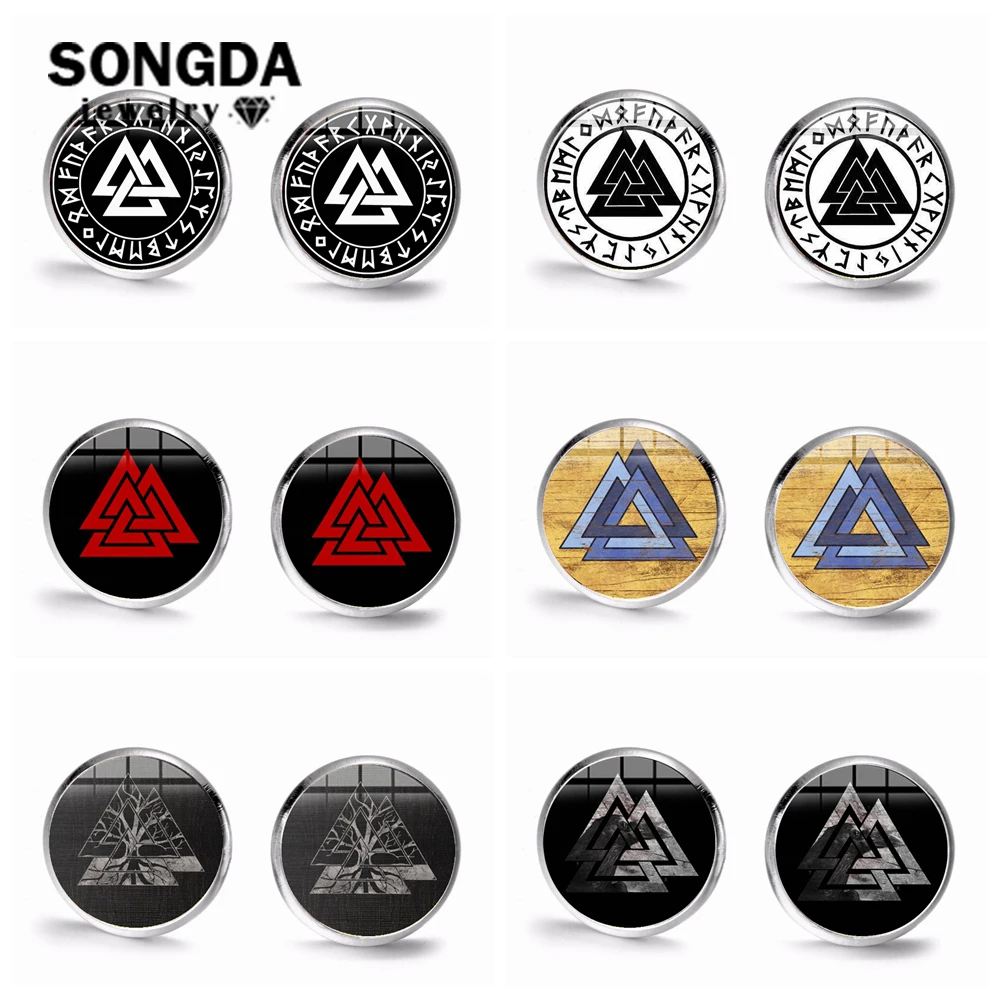 

SONGDA Norse Odin Rune Valknut Earrings Vintage Slavic Norway Art Pattern Glass Convex Stud Earrings for Men Ear Jewelry Brincos