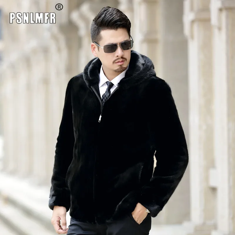 Мужская шуба из натурального меха норки с капюшоном повседневная черная Новое