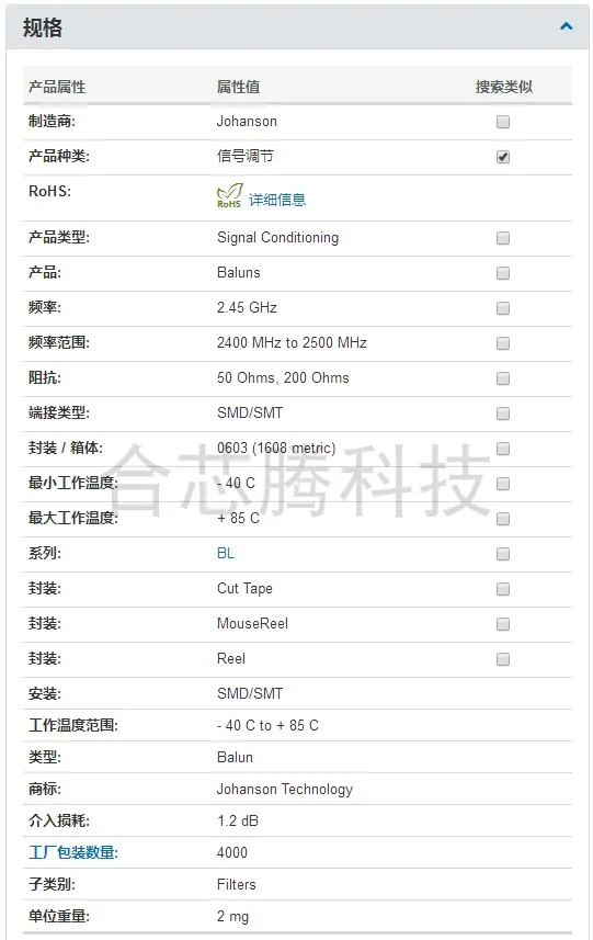 

Johanson 2450BL14B200T signal conditioning Barron filter 2.45GHz original authentic