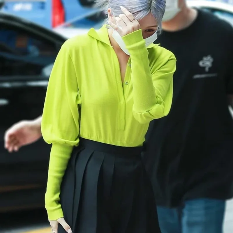 MONMOIRA Fluorescent Green Knitted Pullovers Women Autumn Lantern Sleeve Rose Knitwear Girls Chic Casual Sweaters cws0327-5 | Женская