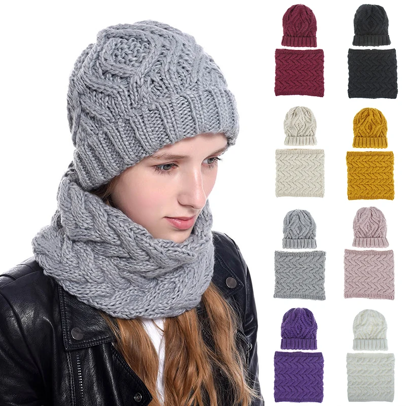 

2020 fashion wool hat scarf set Women's Knit Cap bib two-piece autumn winter Female Warm Solid Knitted Neck Scarf Suit
