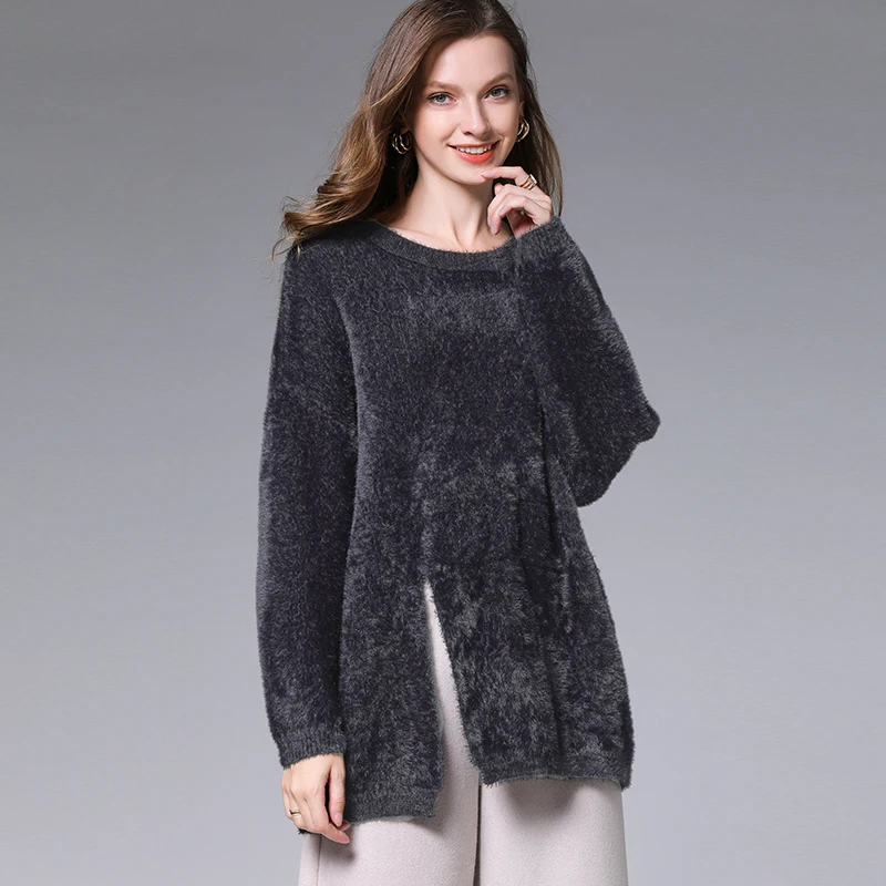 2019Winter Ladies loose pullover Sweater Raglan sleeves split end fake mink hair knitted sweaters casual tops plus size | Женская одежда