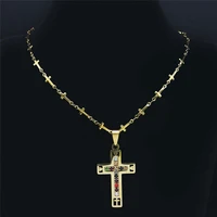 stainless steel crystal gold color catholic cross jesus chain necklace womenmen religion necklaces jewelry bijoux n4412s05
