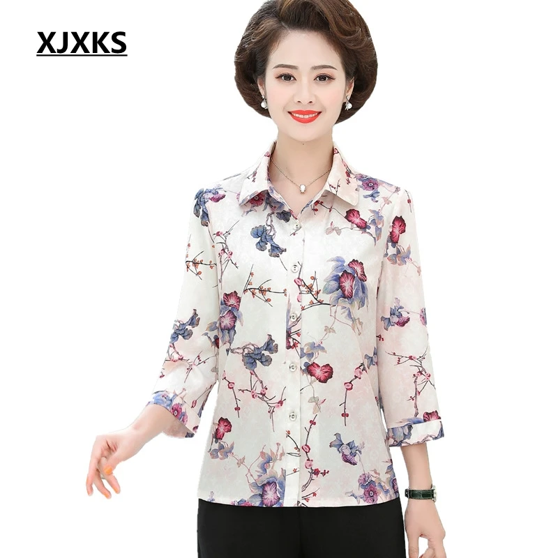 XJXKS Middle-aged Womens Shirts Summer Ladies Tops Casual Print Womens Tops and Blouses Loose Vintage Plus Size Women Shirt