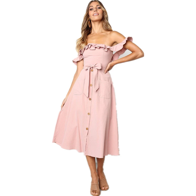 

Summer Sexy Off-Shoulder Ruffled Patchwork Dress Backless Elegant Lace-Up Pocket Women Fashion Bow Casual Button Femme Vestido