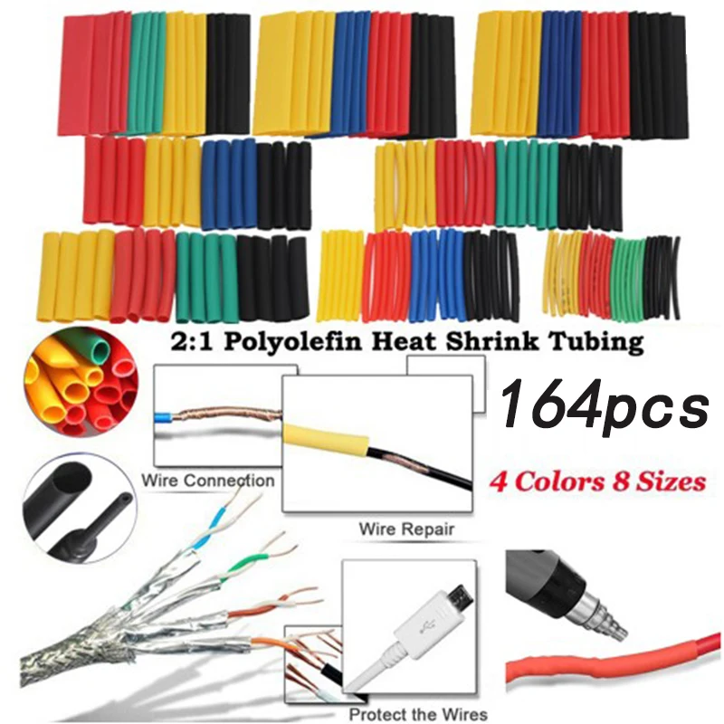 

164PCS Glue Weatherproof Heat Shrink Sleeving Tubing Tube Assortment Kit Electrical Connection Electrical Wire Wrap Cable