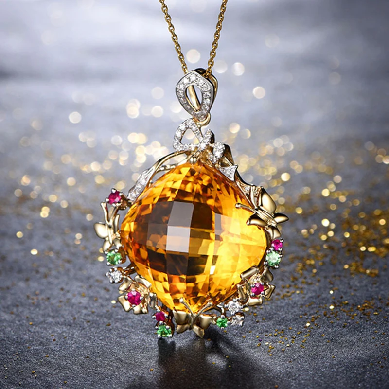 

Foydjew New Purple Crystal Sea Blue Diamond Yellow Crystal Pendant 25* 25mm Oversized Main Stone Color Treasure Necklaces