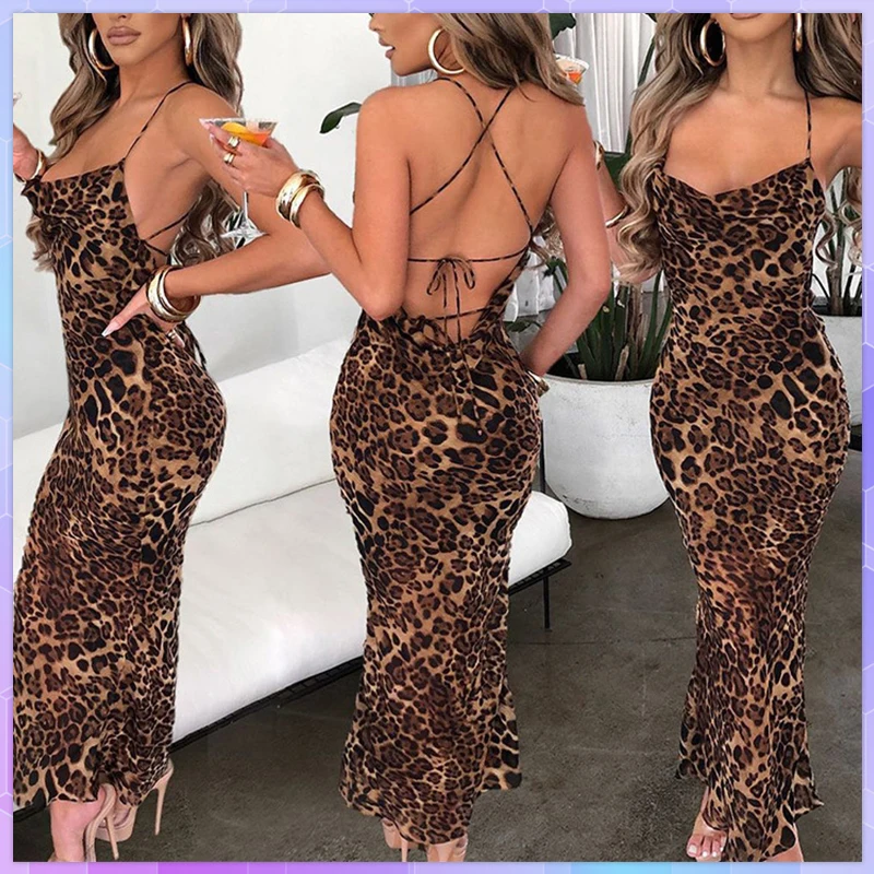 

Leopard Print V-Neck Sexy Bodycon Women's Long Dress Lace Up Backless Summer Elegant Maxi Dresses Straps Party Beach Vestidos